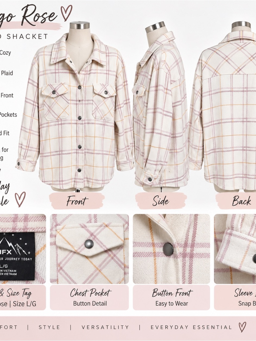 Women's Plaid Utility Shacket Jacket - Cream with Mauve & Mustard